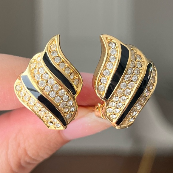 Vintage Christian Dior Zebra Wing Stripe Black Enamel Rhinestone Gold Earrings - Picture 1 of 7